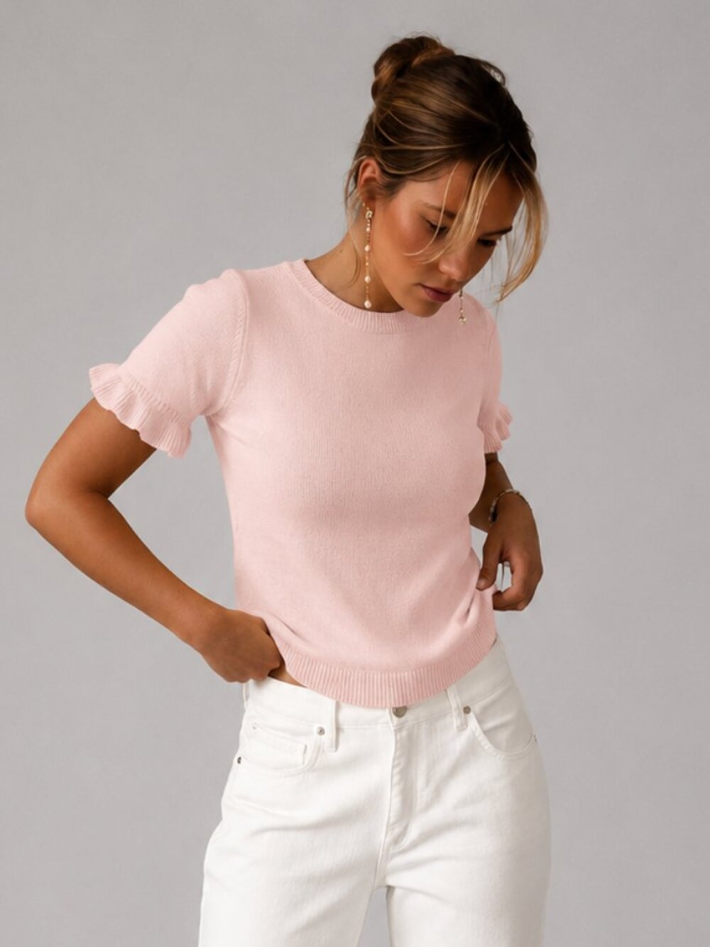 Women's Pink Wool Blend Knit Top Short Sleeve Frill Trim Crew Neck Sweater Tee